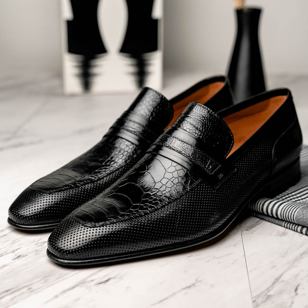 Moreschi 042625A-NE Ostrich Loafer Shoes Black