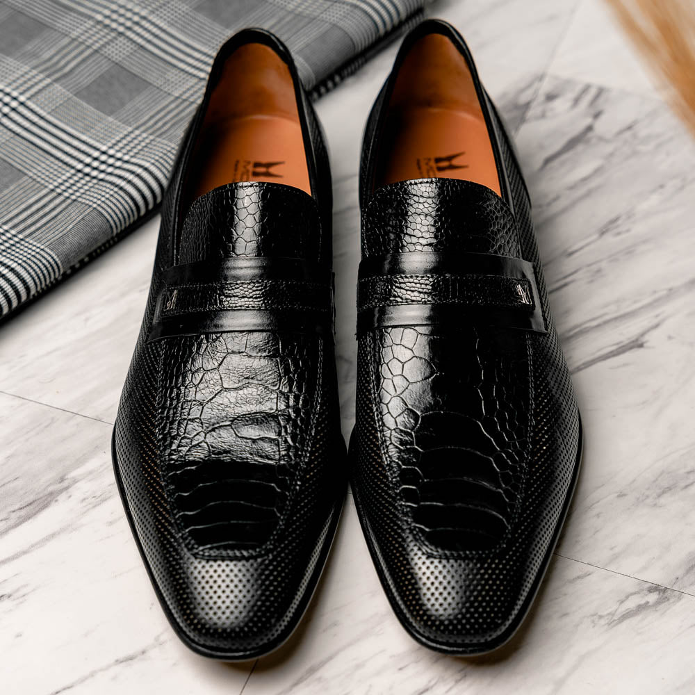 Moreschi 042625A-NE Ostrich Loafer Shoes Black