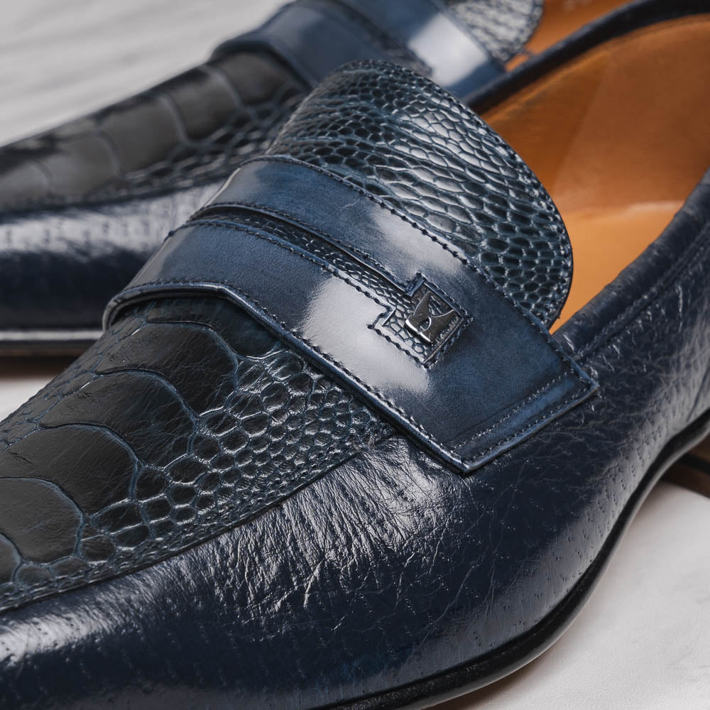 Moreschi Peccary & Ostrich Loafers Blue