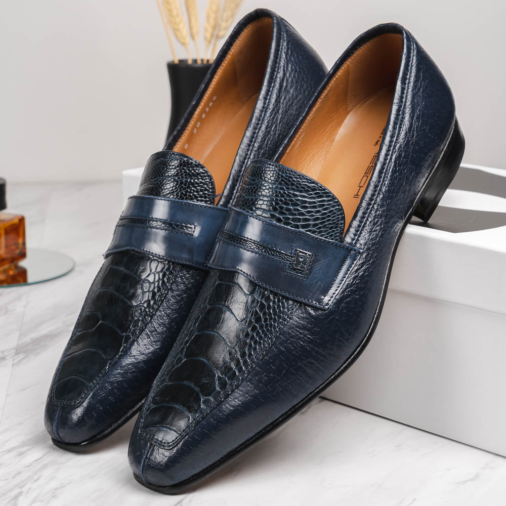 Moreschi Peccary & Ostrich Loafers Blue