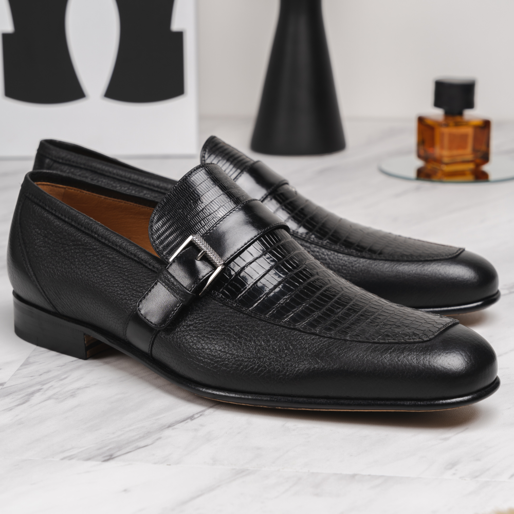 Moreschi 043771A Deerskin & Ostrich Monk Strap Black