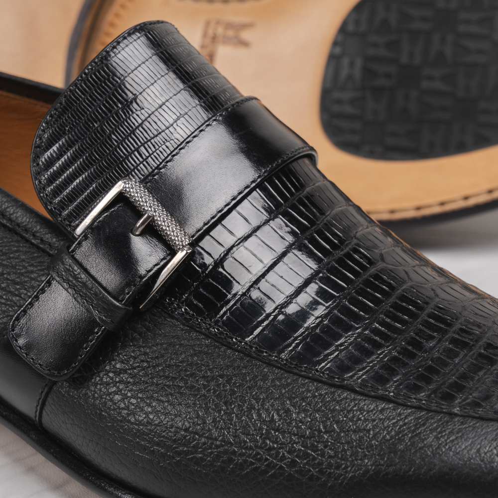 Moreschi 043771A Deerskin & Ostrich Monk Strap Black