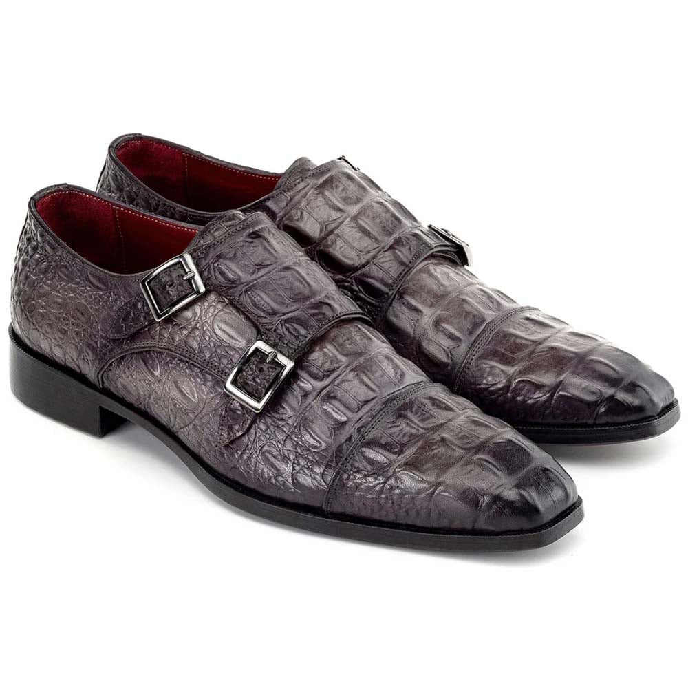 Paul Parkman Crocodile Embossed Double Monk Strap Gray