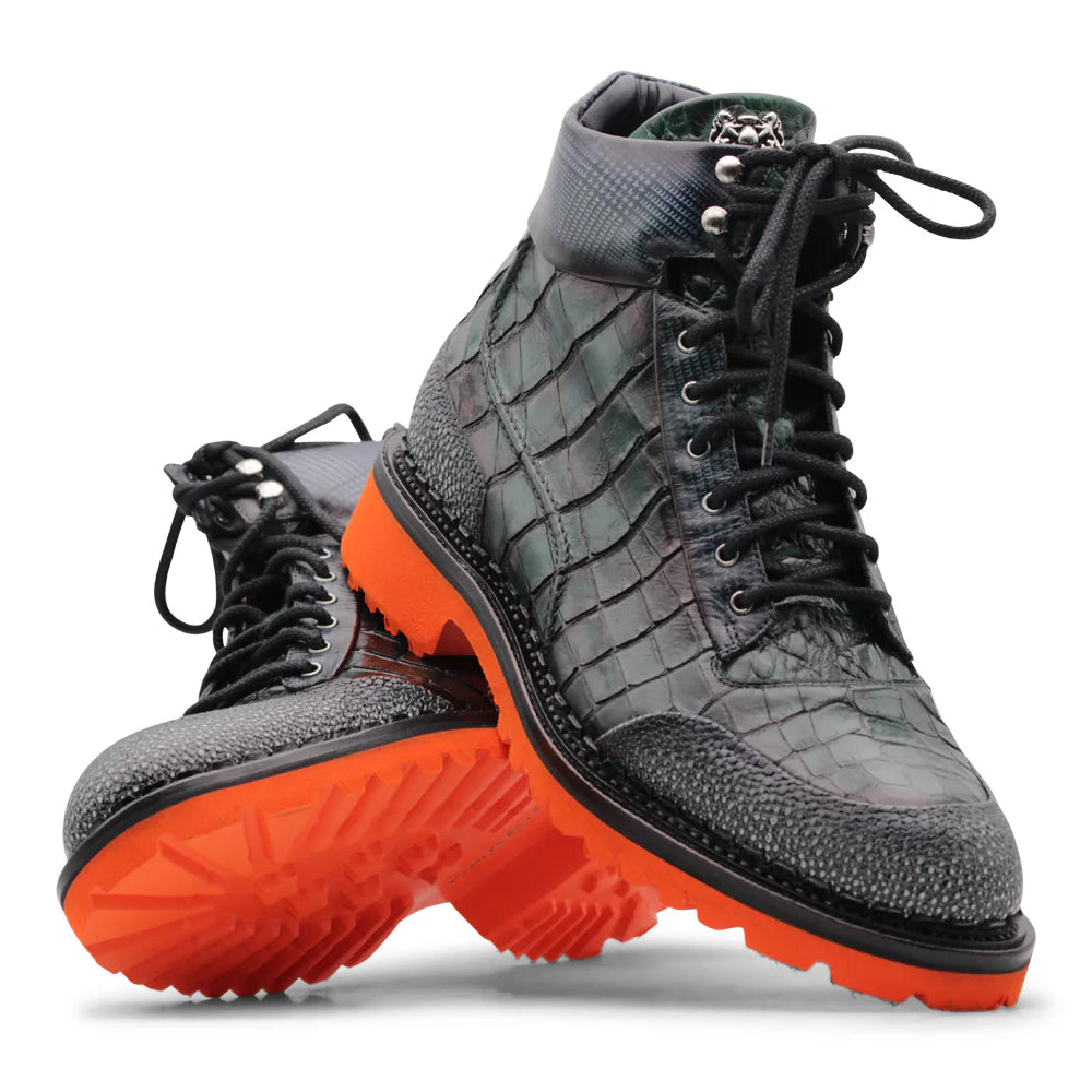 Harris Firenze 1913 Crocodile Print Leather Boots Green