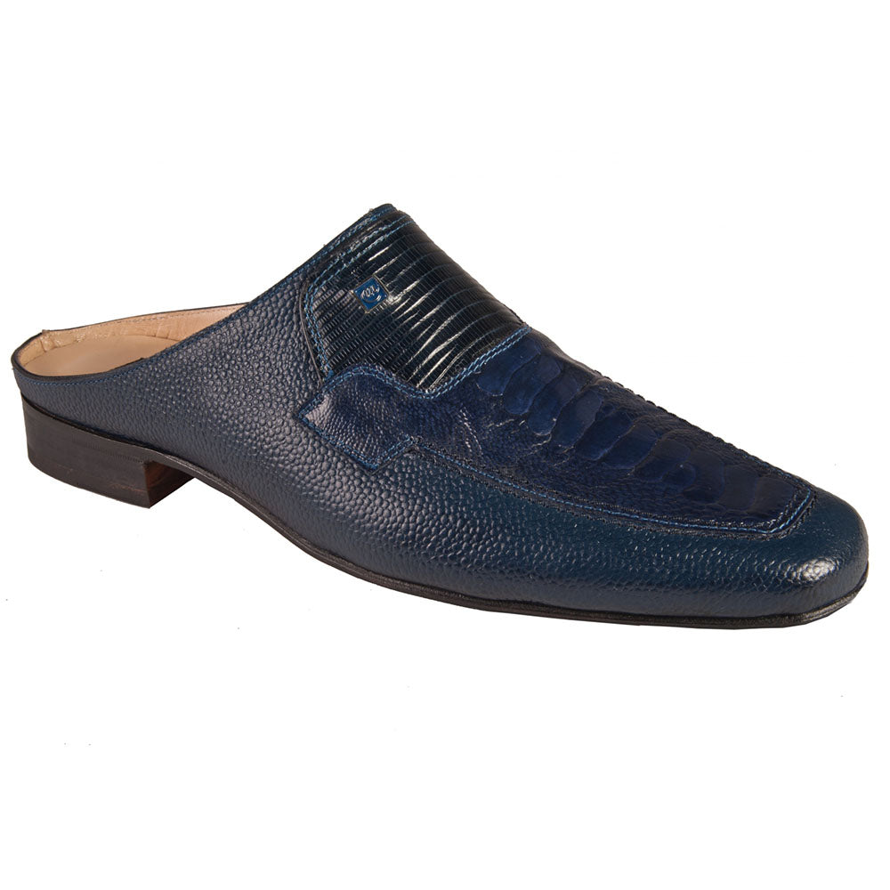 Mauri Art 4829/8 Ostrich Leg / Pebble Grain / Teju Lizard Mule Iris Blue (Special Order)