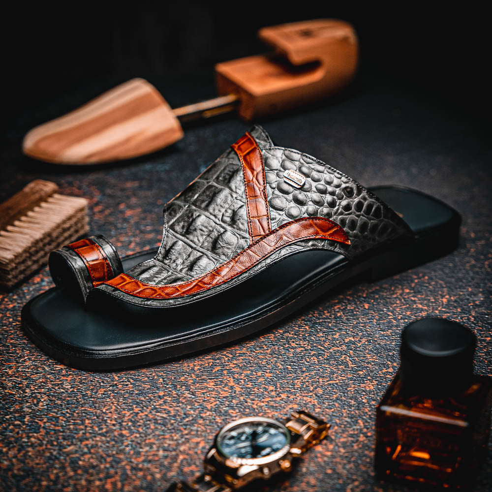 Maseratti Palms 1017 Embossed Caiman & Crocodile Sandals Gray / Cognac