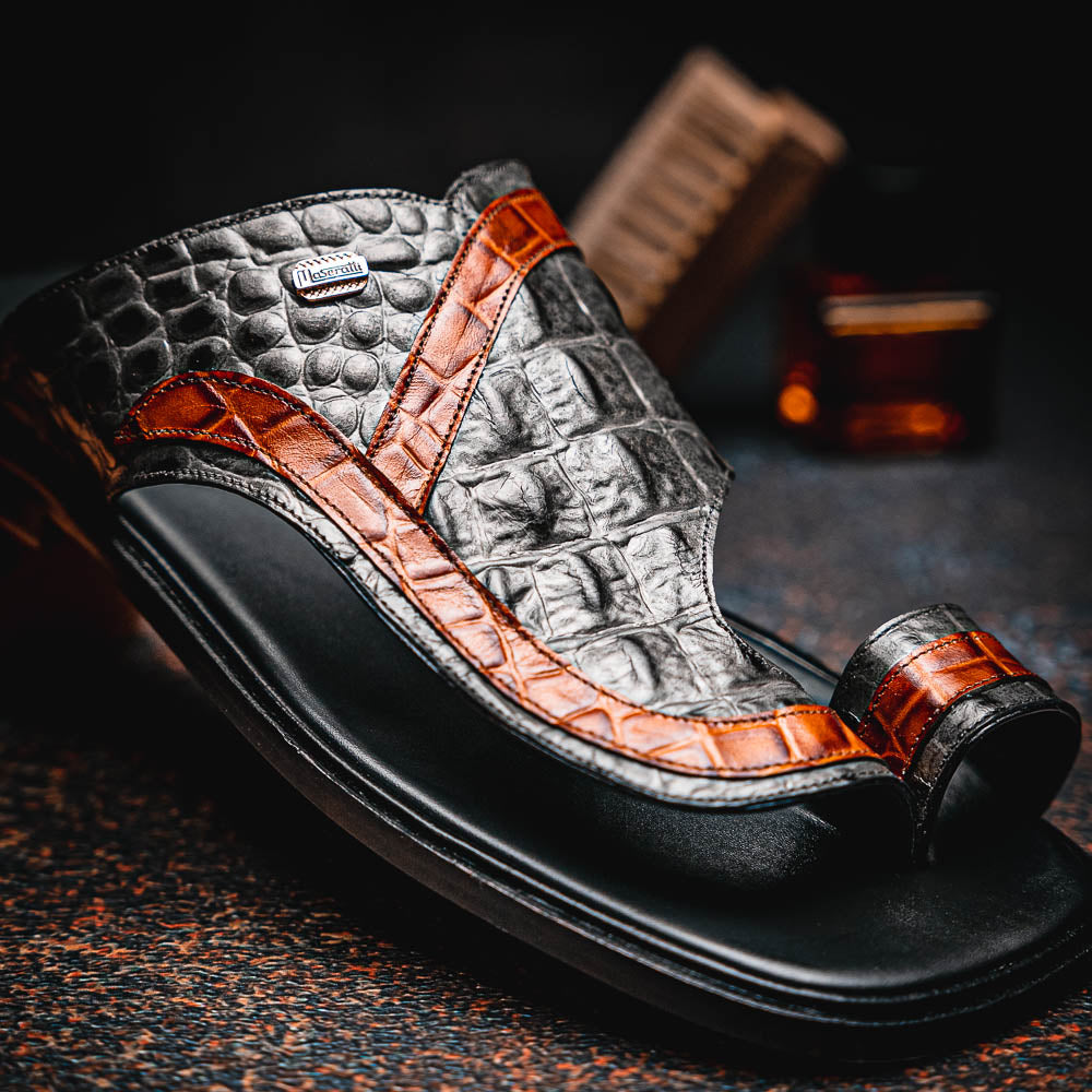 Maseratti Palms 1017 Embossed Caiman & Crocodile Sandals Gray / Cognac