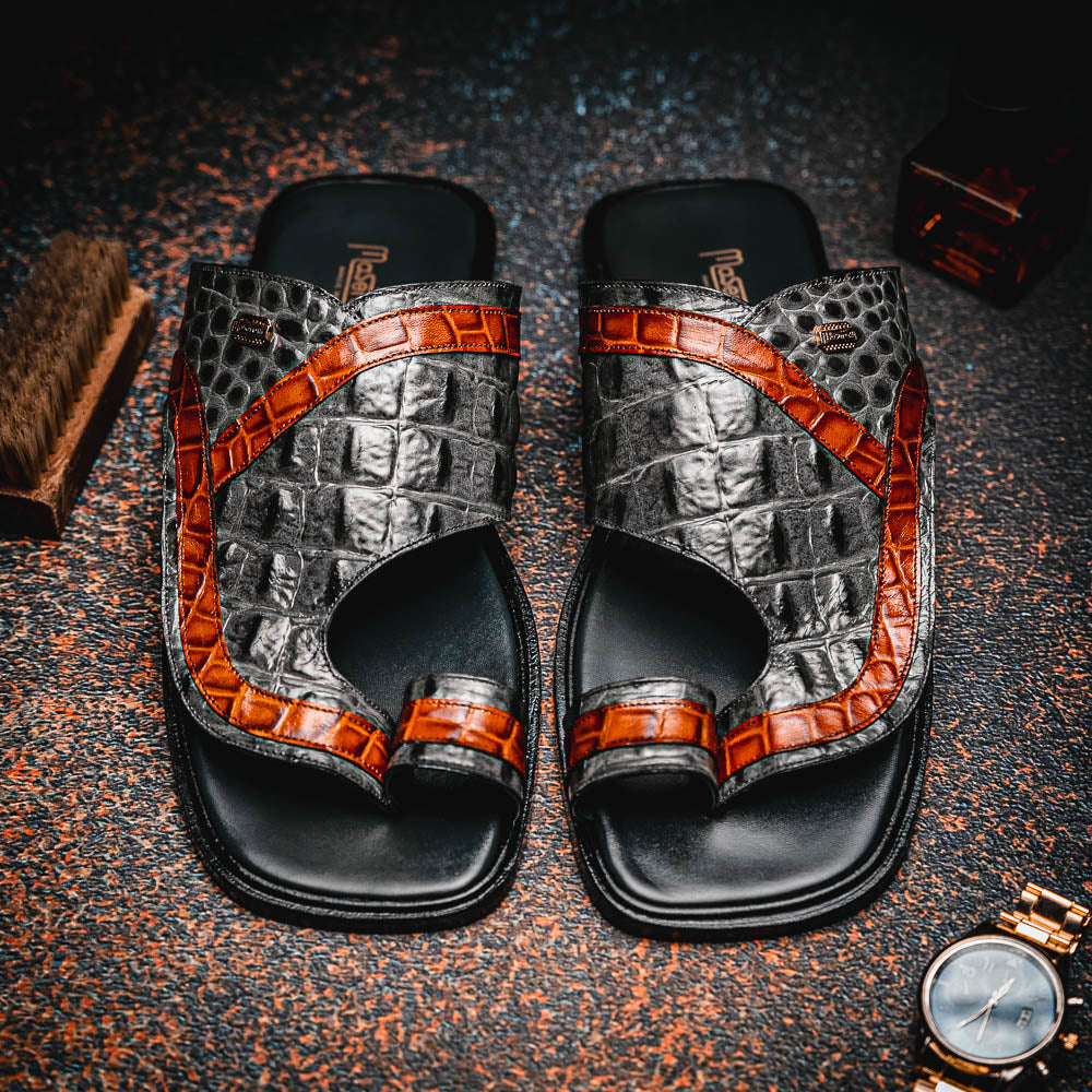 Maseratti Palms 1017 Embossed Caiman & Crocodile Sandals Gray / Cognac