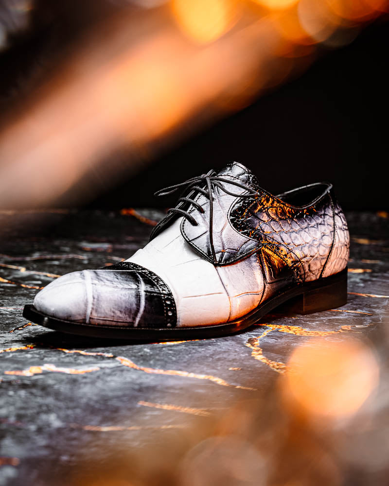 Mauri 1087/2 Flawless Alligator Cap Toe Derby White / Dirty Black (Special Order)