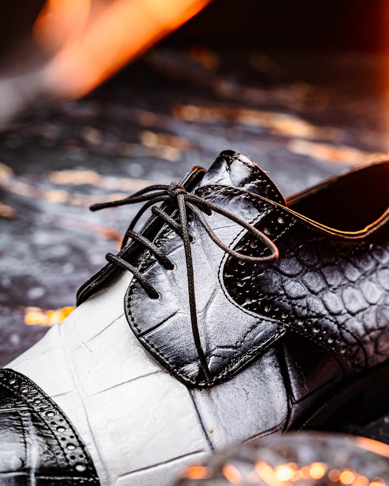 Mauri 1087/2 Flawless Alligator Cap Toe Derby White / Dirty Black (Special Order)