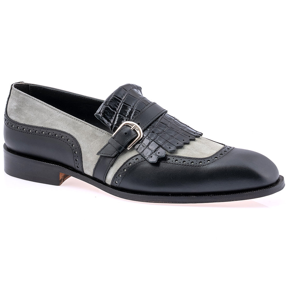Mauri 1123 Kiltie Alligator / Calfskin / Suede Fringe Slip-On Black / Grey