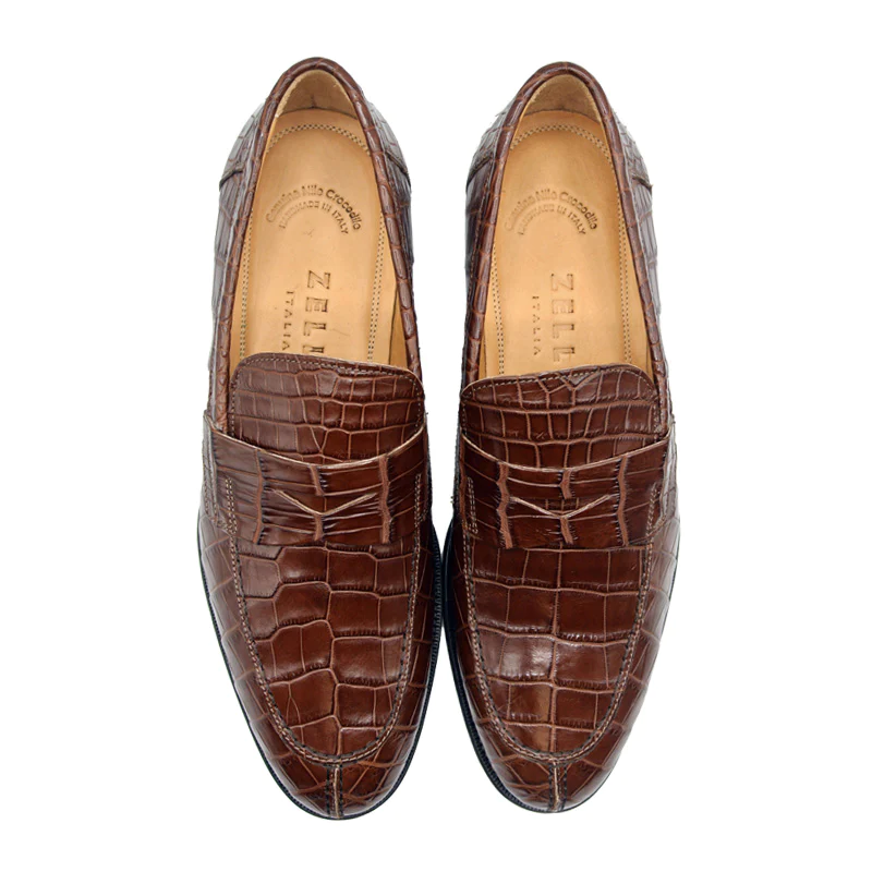 Zelli Roma Nile Crocodile Penny Loafers Cognac