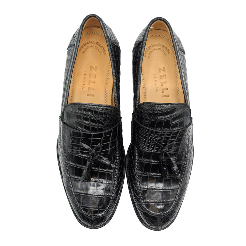 Zelli Como Nile Crocodile Tassel Loafers Black Size 10