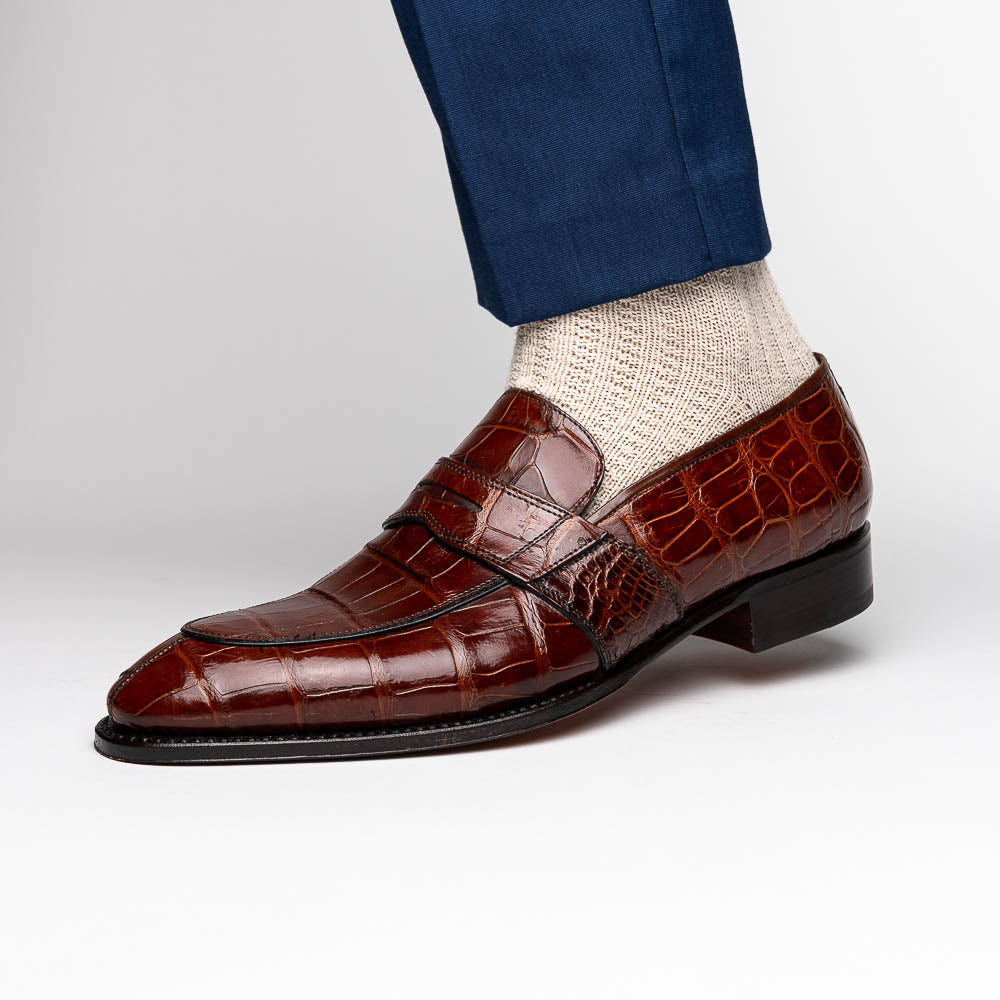Caporicci 1208 Genuine Alligator Apron Toe Penny Loafers Sport Rust