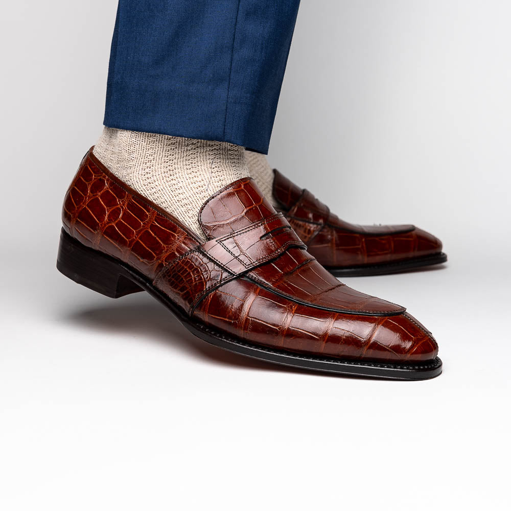 Caporicci 1208 Genuine Alligator Apron Toe Penny Loafers Sport Rust