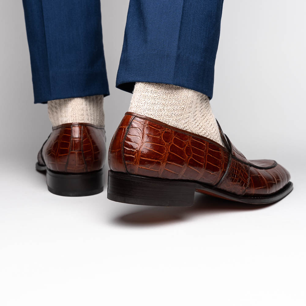 Caporicci 1208 Genuine Alligator Apron Toe Penny Loafers Sport Rust