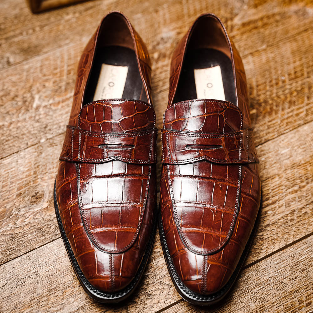 Caporicci 1208 Genuine Alligator Apron Toe Penny Loafers Sport Rust