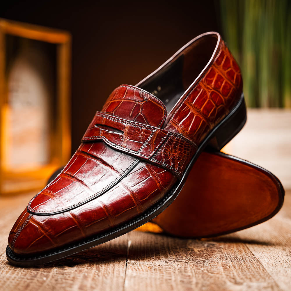 Caporicci 1208 Genuine Alligator Apron Toe Penny Loafers Gold