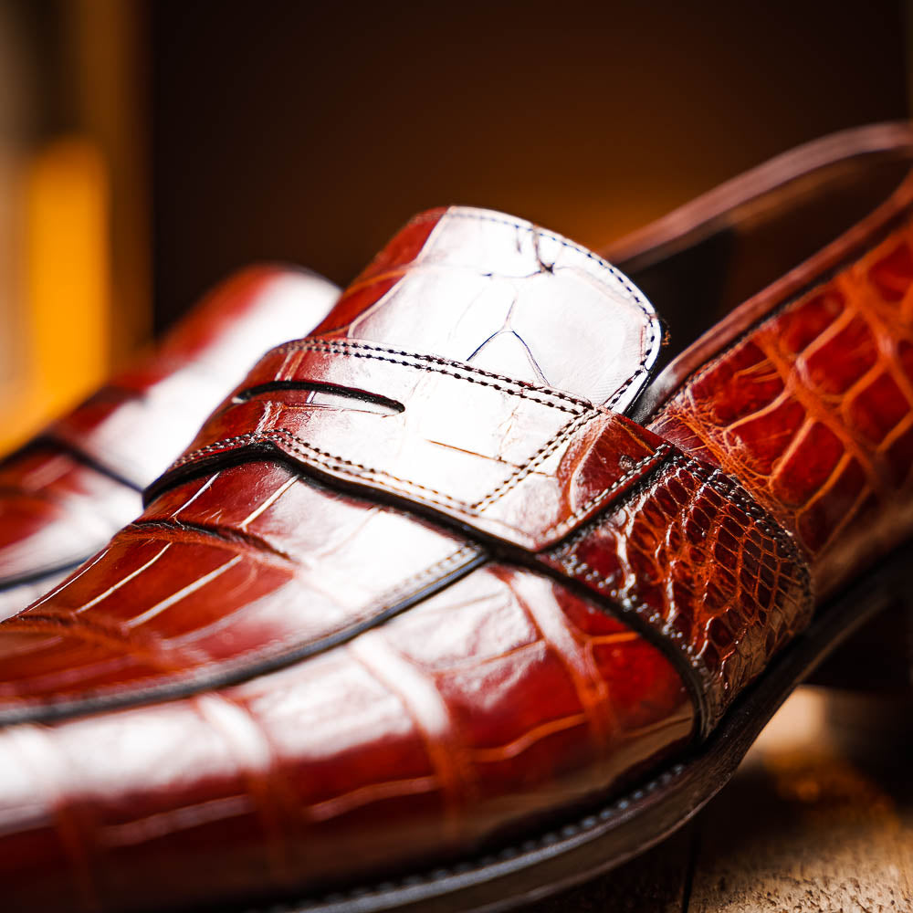 Caporicci 1208 Genuine Alligator Apron Toe Penny Loafers Gold