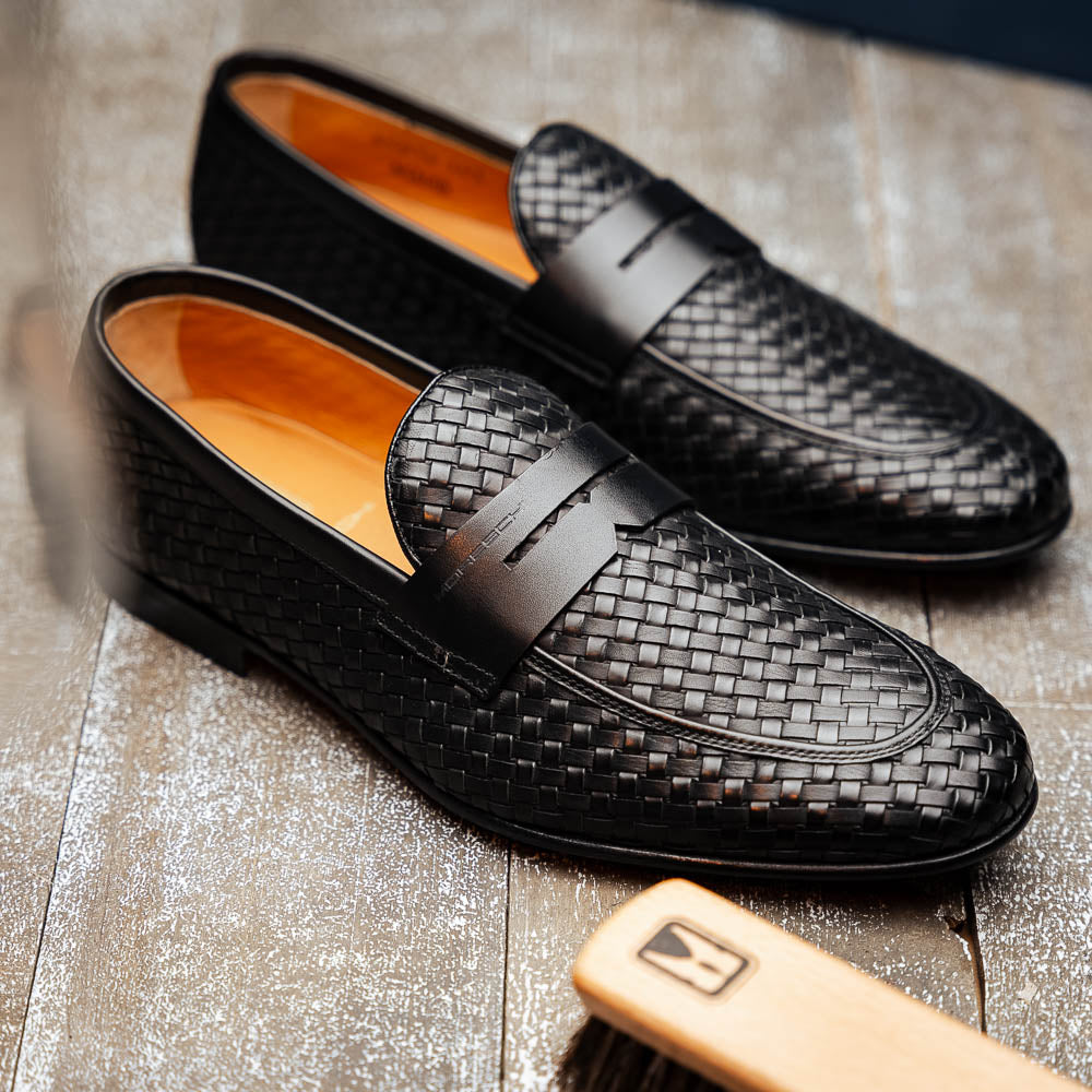 Black Woven Slip On Woven Loafers Mens Handmade Woven Leather