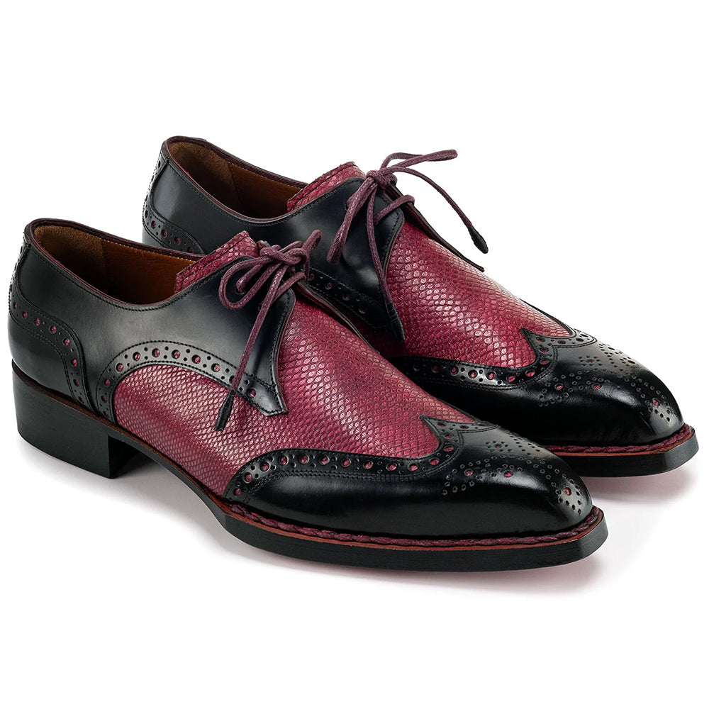 Paul Parkman Men's Hand-Welted Leather Wingtip Derby Shoes Black & Red