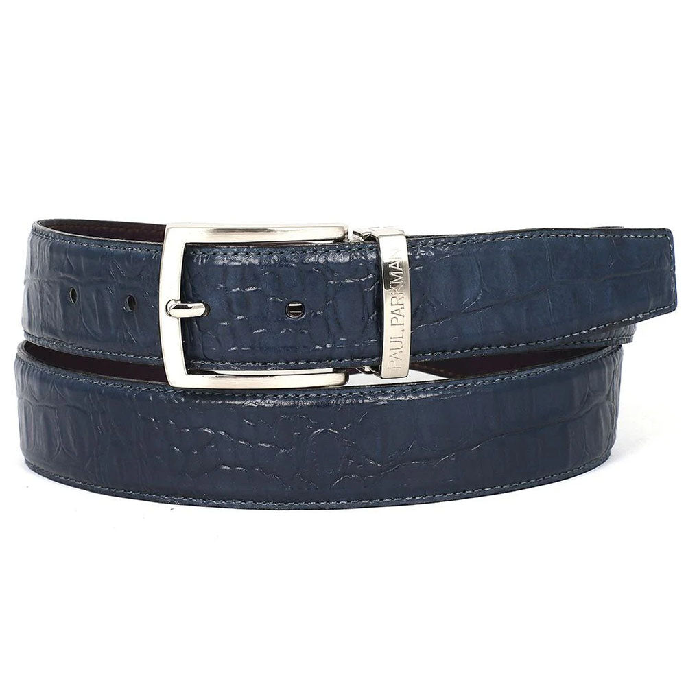 Paul Parkman Crocodile Texture Leather Belt Navy