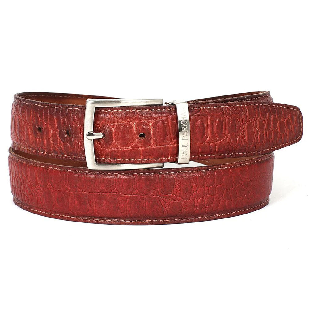 Paul Parkman Crocodile Texture Leather Belt Reddish