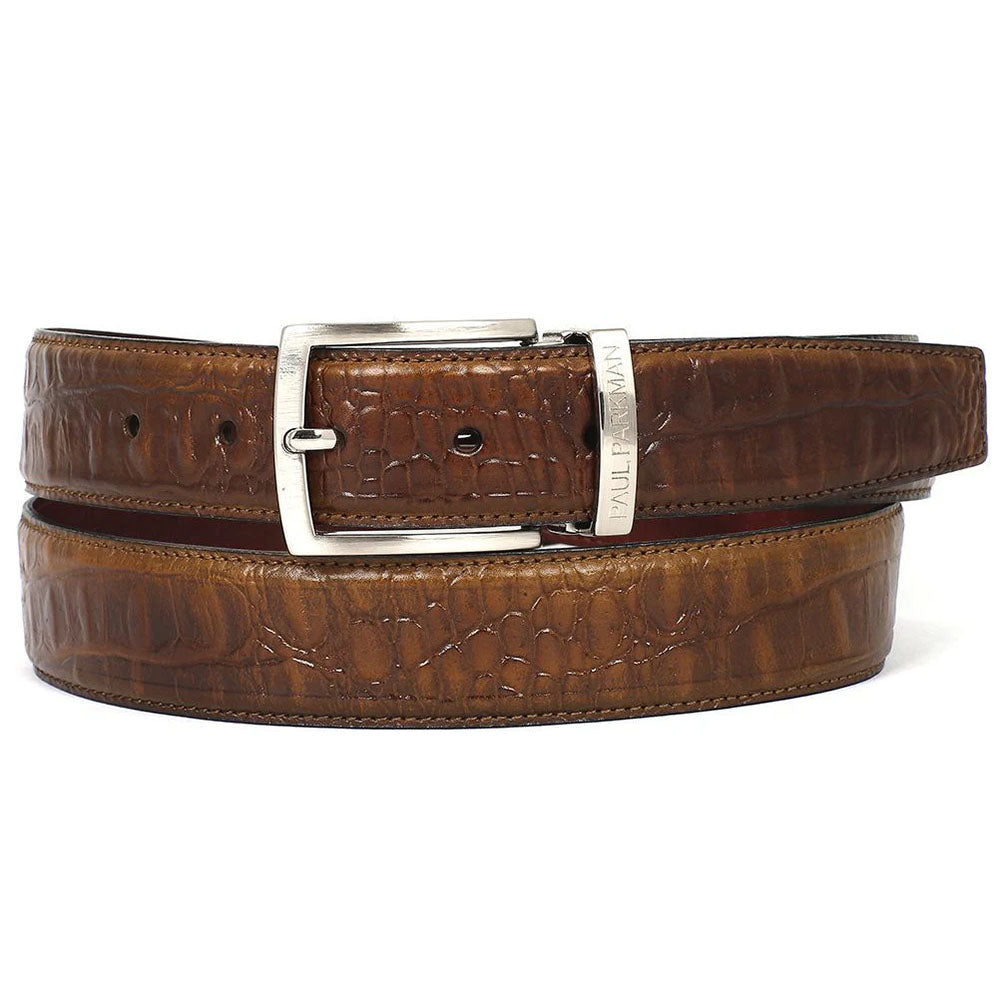 Paul Parkman Crocodile Texture Leather Belt Olive