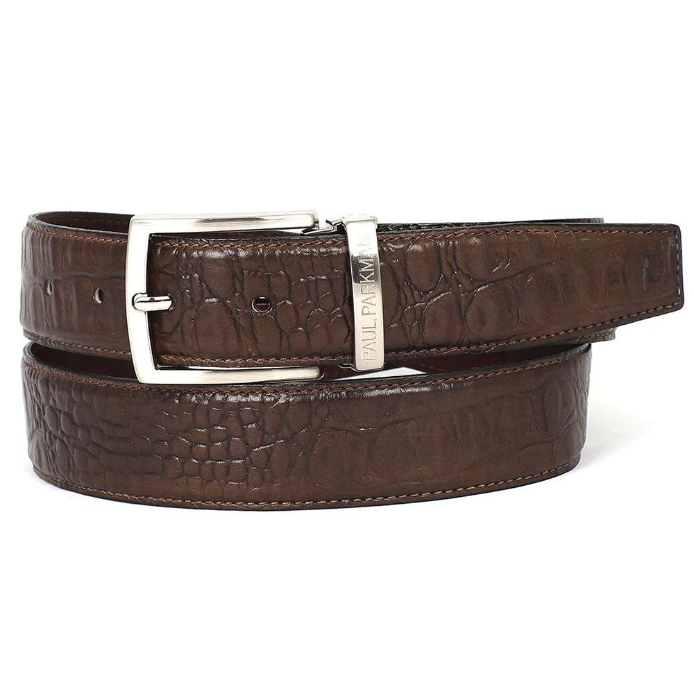 Paul Parkman Crocodile Texture Leather Belt Brown