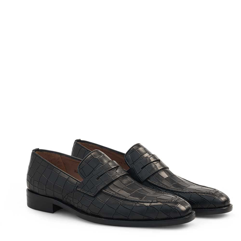 Mezlan Croco-Embossed Penny Loafer Black (19542)