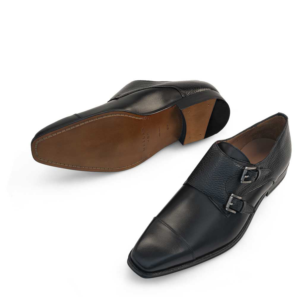 Mezlan Dual-Texture Double Monk Strap Black (20995)