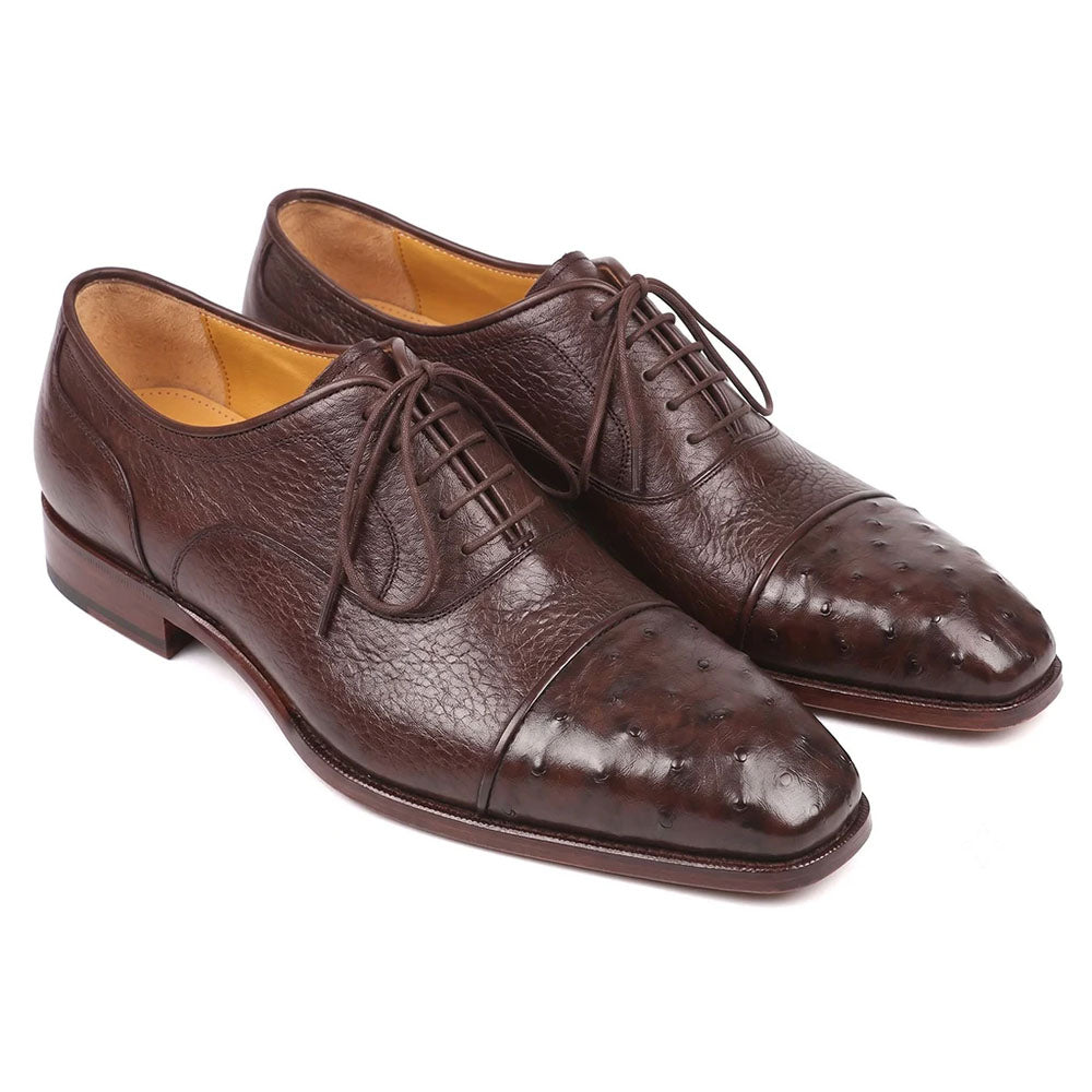 Paul Parkman Genuine Ostrich Skin Cap Toe Oxford Shoes Brown