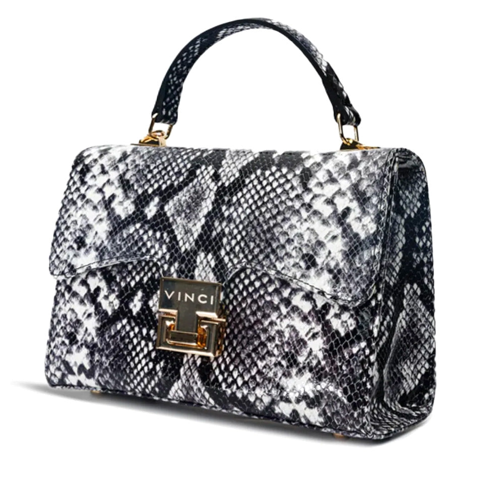 Vinci Leather The Venezia Women's Leather Python Print Handbag Black & White