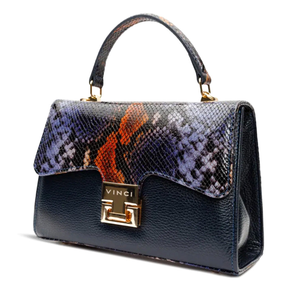 Vinci Leather The Venezia Women's Leather Python Print Handbag Navy Blue
