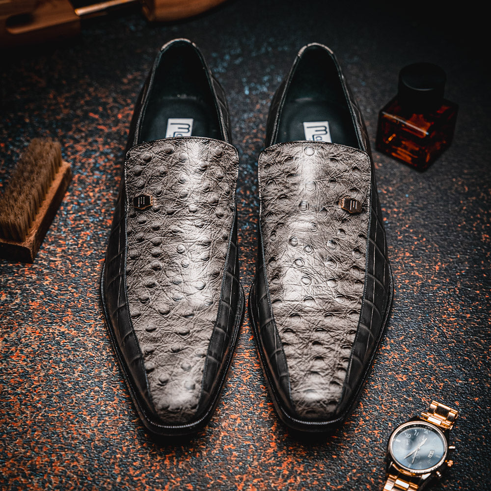Maseratti Moda 3008 Embossed Crocodile & Ostrich Loafers Gray