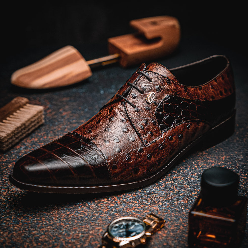 Maseratti Assenzio 3012 Embossed Crocodile & Ostrich Derby Shoes Brown