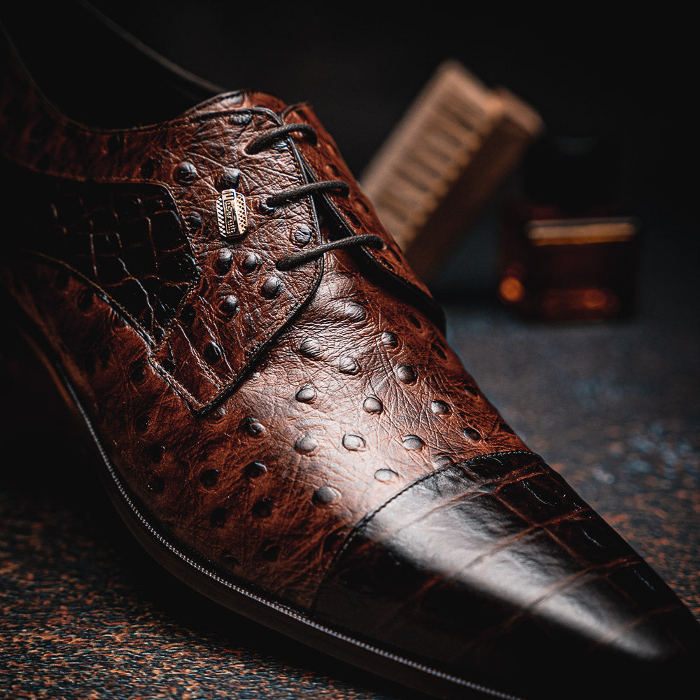 Maseratti Assenzio 3012 Embossed Crocodile & Ostrich Derby Shoes Brown