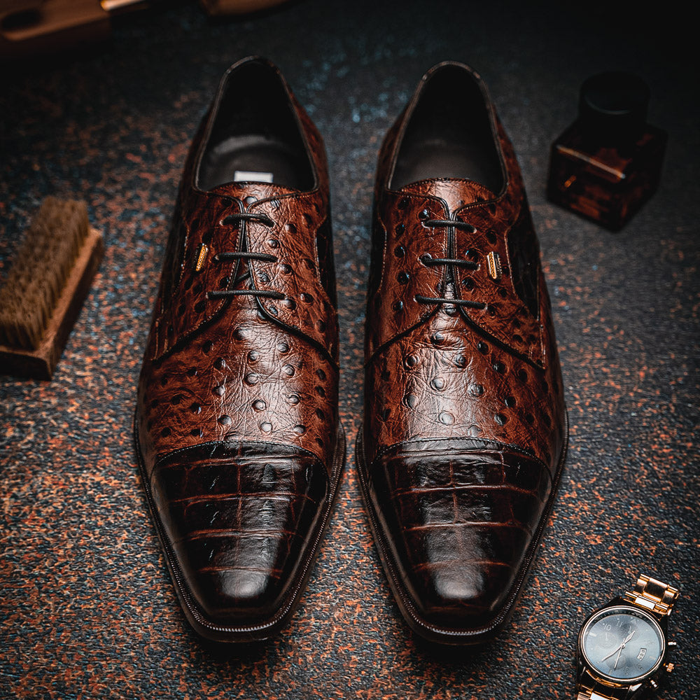 Maseratti Assenzio 3012 Embossed Crocodile & Ostrich Derby Shoes Brown