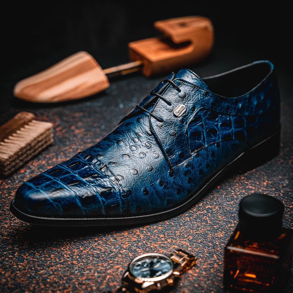 Maseratti Assenzio 3012 Embossed Crocodile & Ostrich Derby Shoes Blue