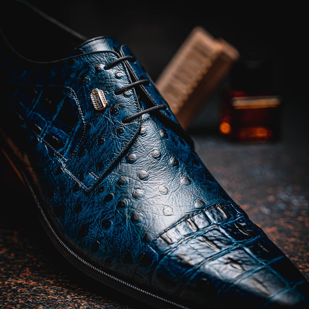 Maseratti Assenzio 3012 Embossed Crocodile & Ostrich Derby Shoes Blue