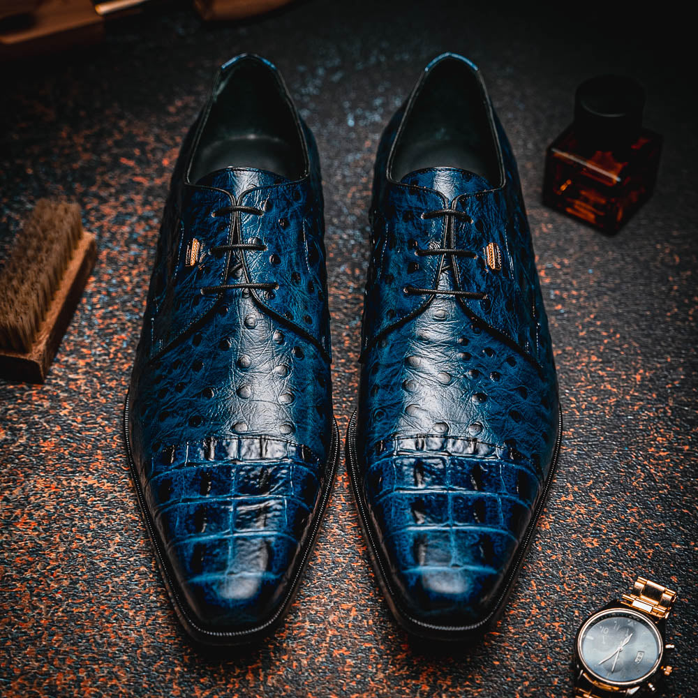 Maseratti Assenzio 3012 Embossed Crocodile & Ostrich Derby Shoes Blue