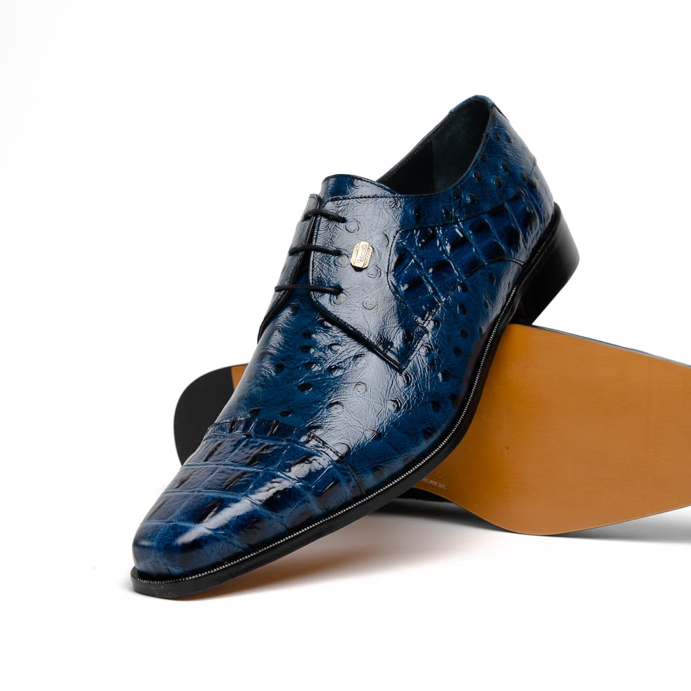 Maseratti Assenzio 3012 Embossed Crocodile & Ostrich Derby Shoes Blue