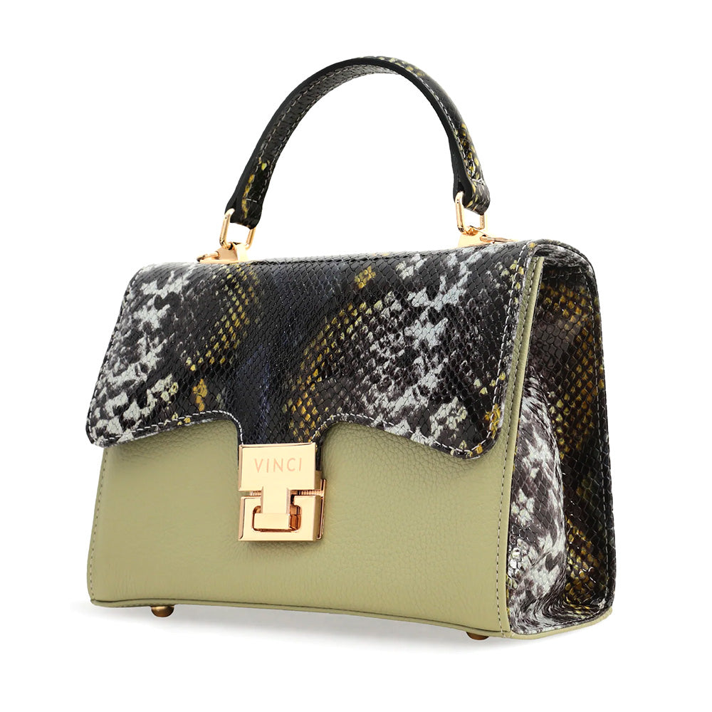 Vinci Leather The Venezia Women's Leather Python Print Handbag Green