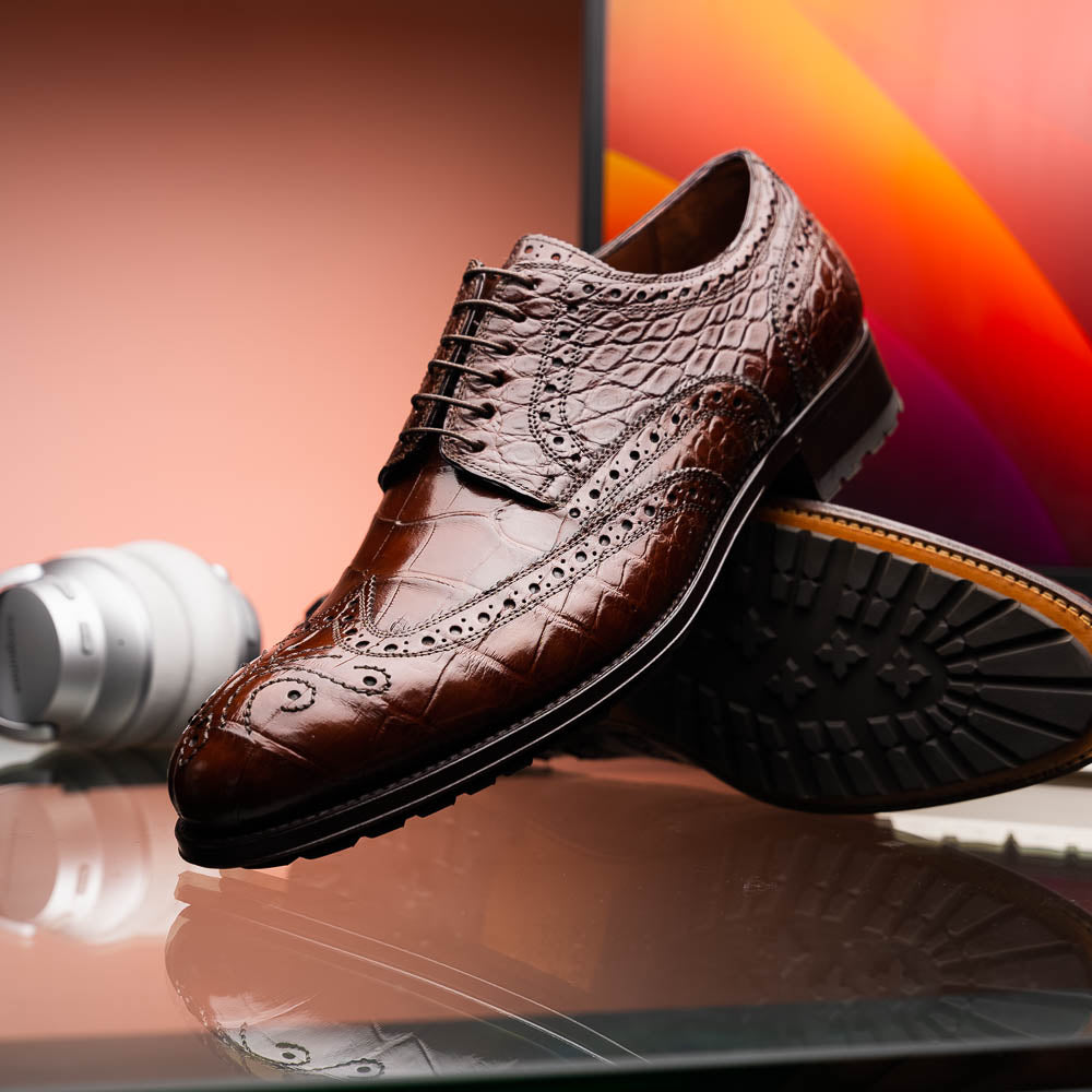 Caporicci 3318 Alligator Wingtip Shoes Castagno