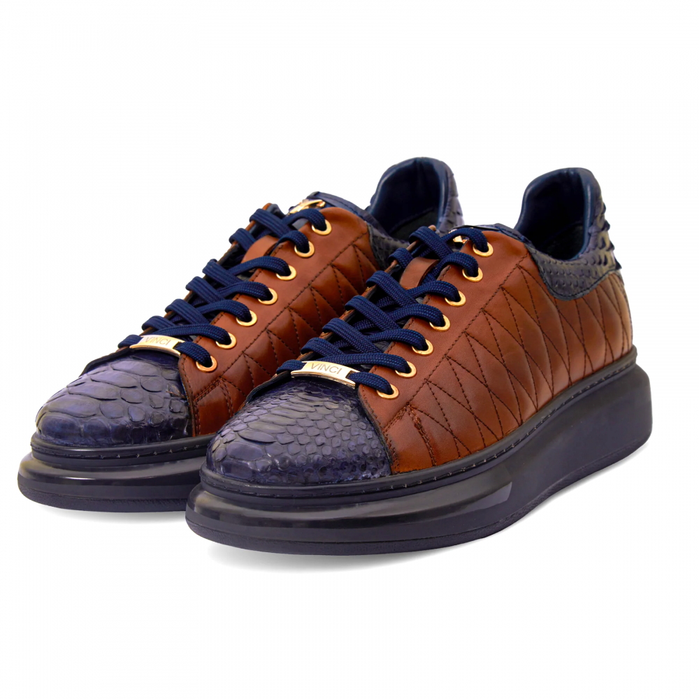 Vinci Leather The Adler Snk Leather Sneaker Limited Edition Tan & Navy (17474 S-1)