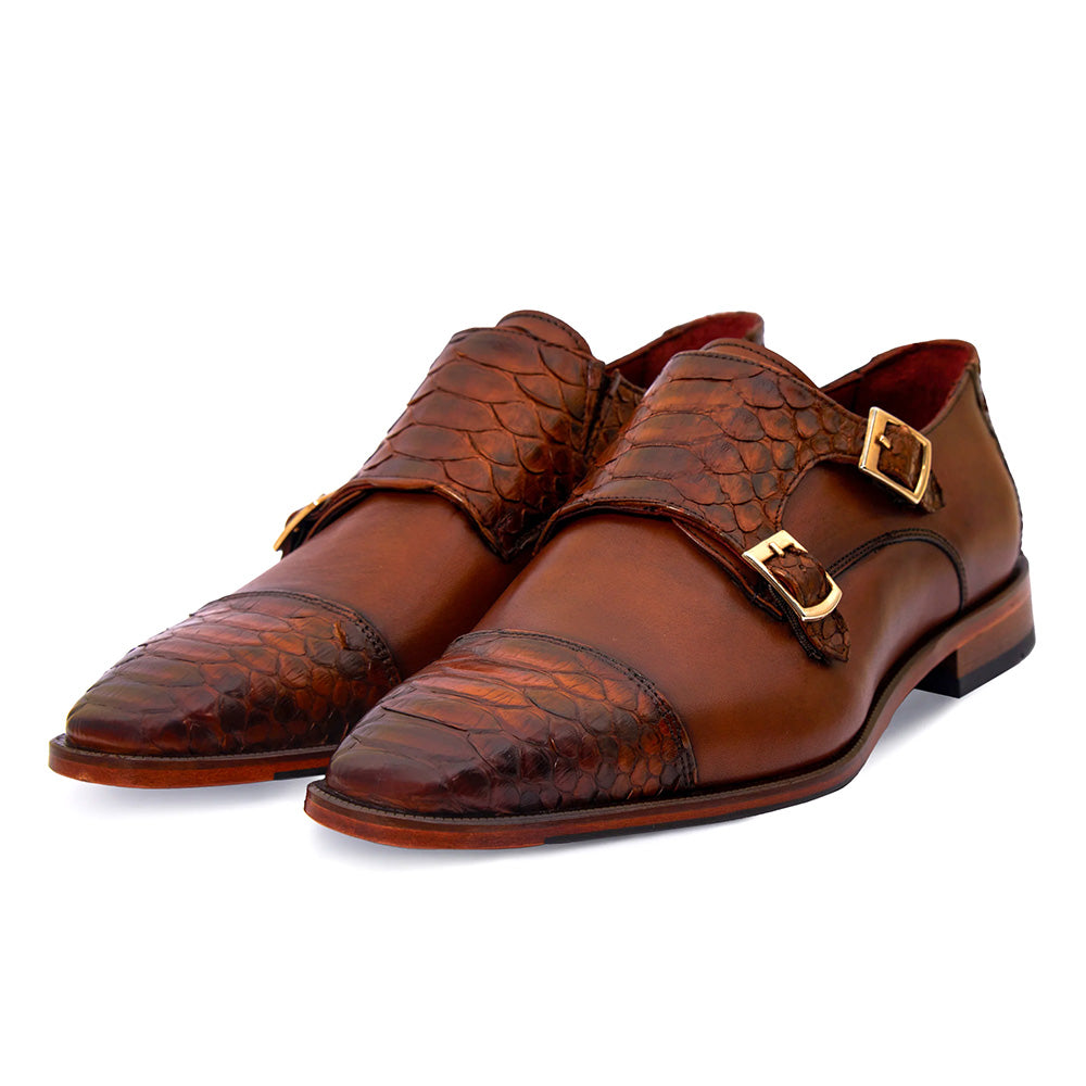 Vinci Leather The Bishkek Python Double Monk Strap Tan