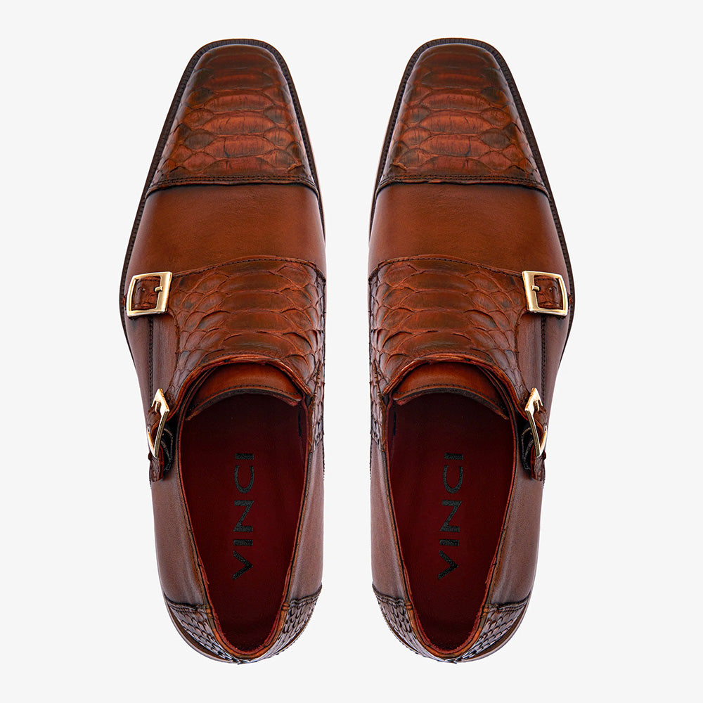 Vinci Leather The Bishkek Python Double Monk Strap Tan