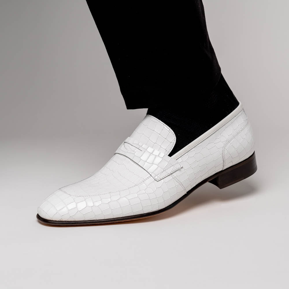 Corrente C019-3470 Croco Leather Loafer Shoes White