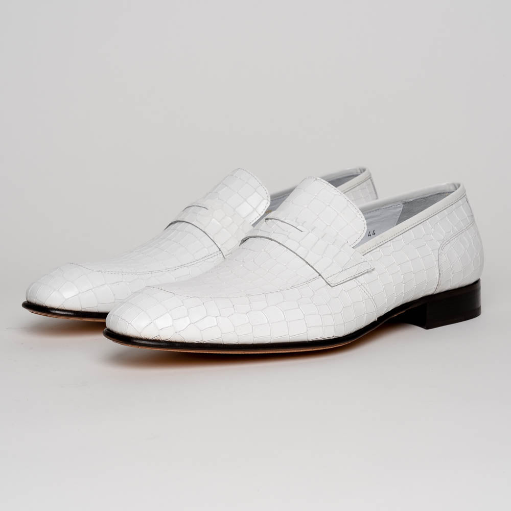 Corrente C019-3470 Croco Leather Loafer Shoes White