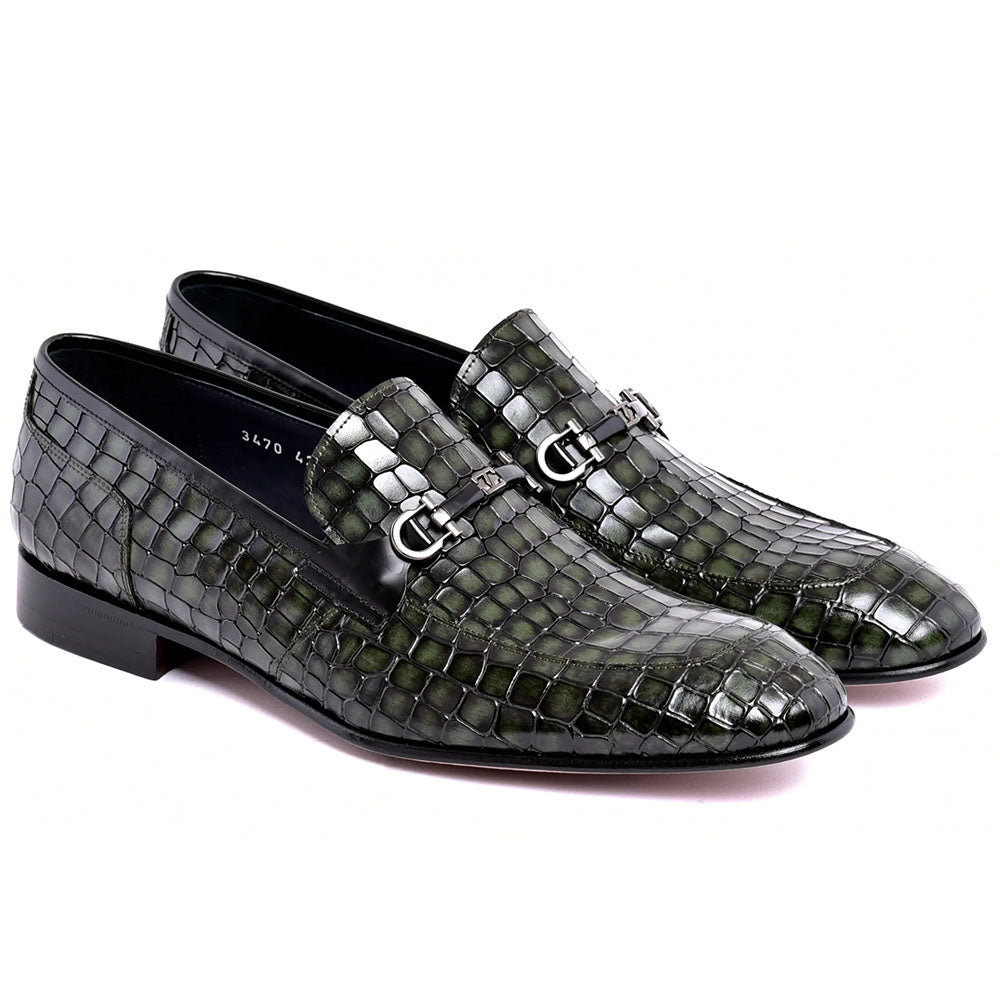 Corrente C01708-3470BC Crocodile Embossed Leather Bit Loafer Green